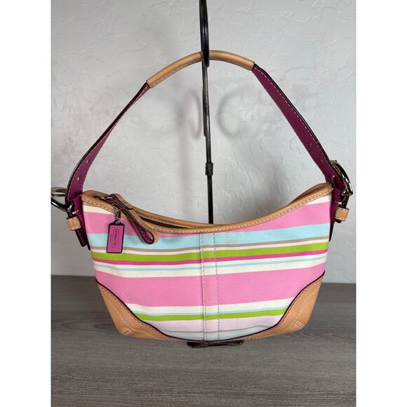 Coach Y2K Pink Stripe Soho Hampton Sateen Leather Shoulder Bag Hobo Purse 1884 - Picture 1 of 9